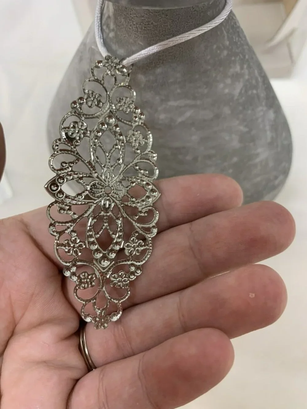 NIB San Miguel Frosted Gray Glass Vase Reed Diffuser Silver Medallion Charm